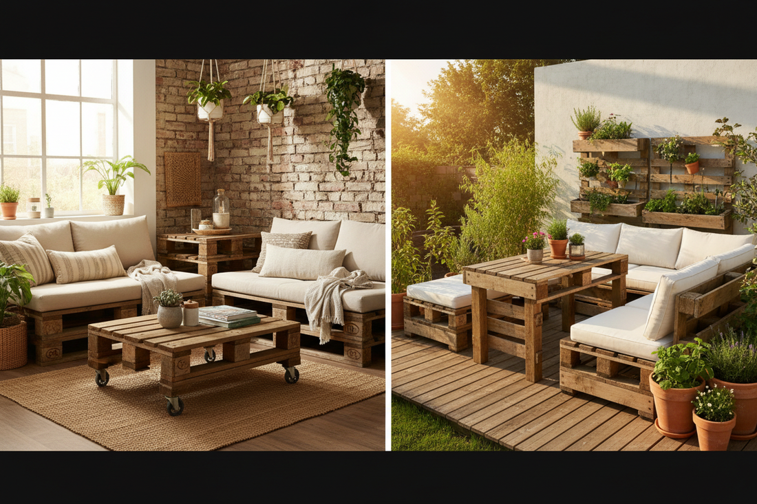 Palettenmöbel im Wohnzimmer und auf der Terrasse im Vergleich