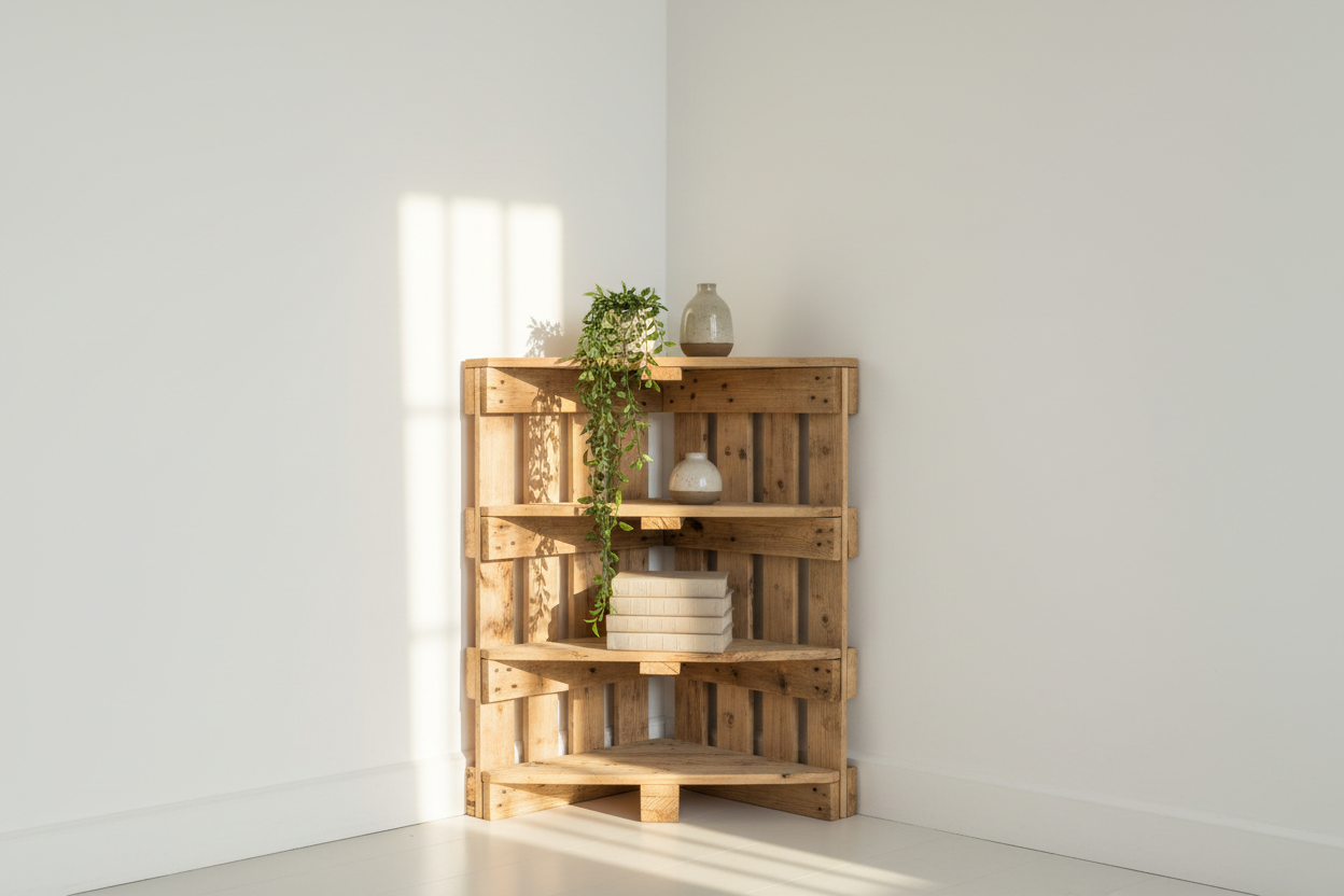Eckregal aus recycelten Europaletten - platzsparend für jede Ecke