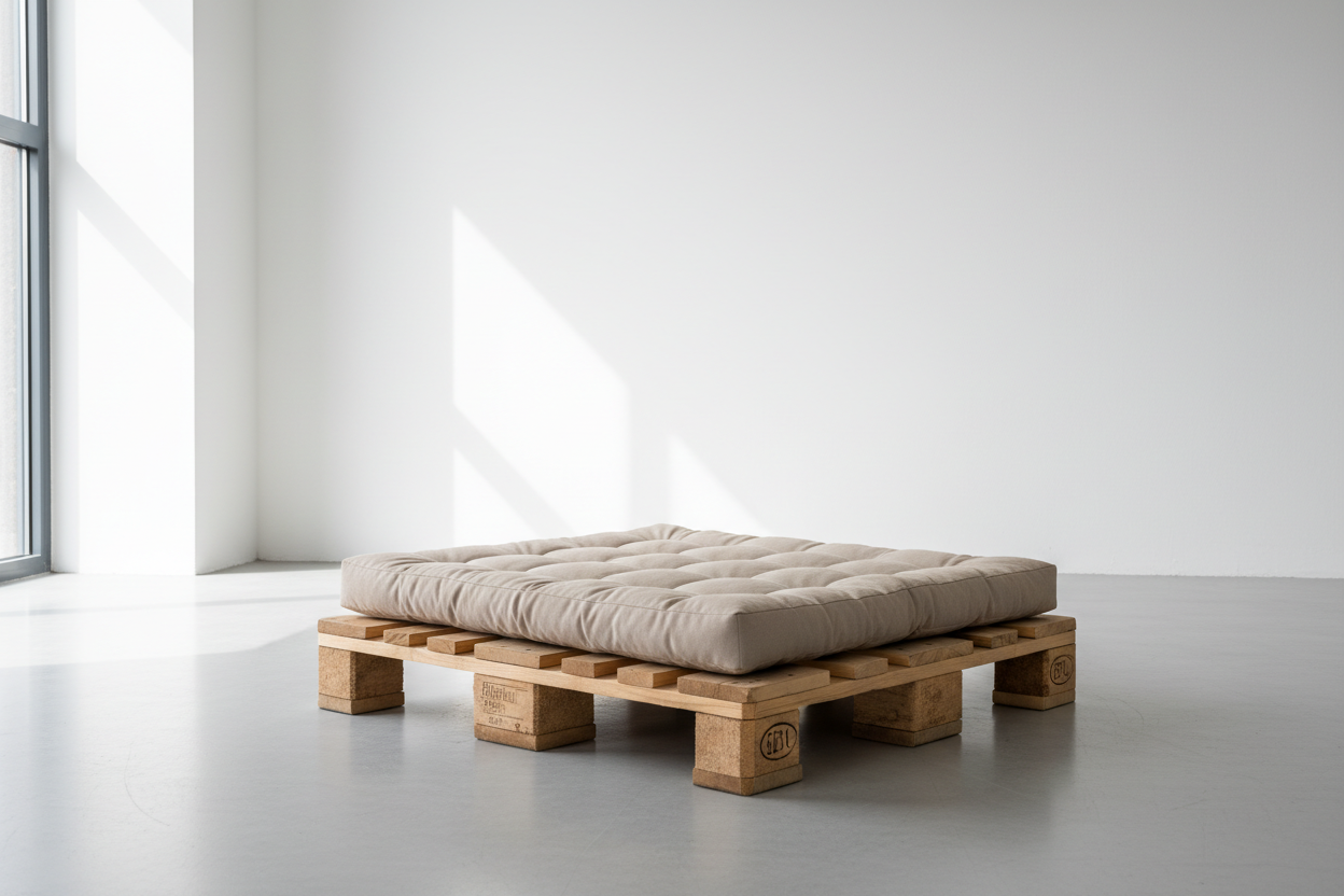 Hundebett Größe M aus recycelten Europaletten mit weichem Kissen