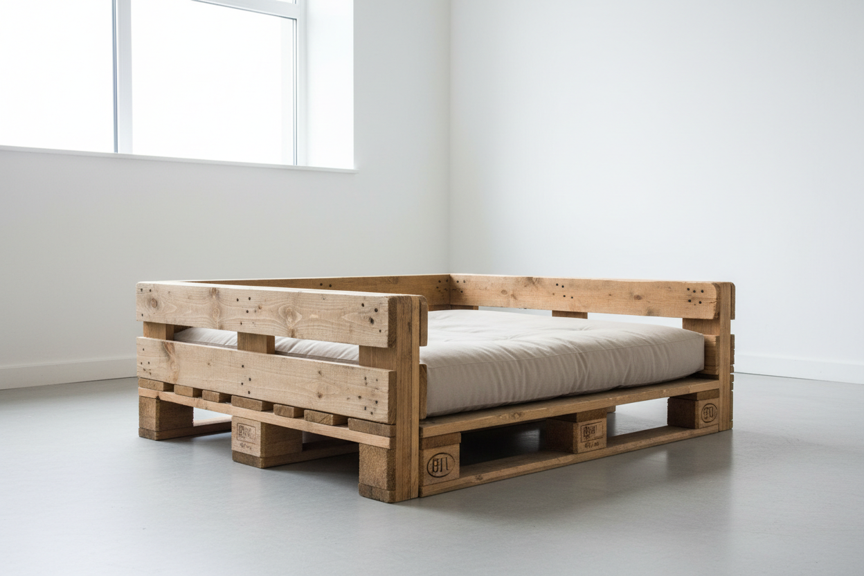 Hundebett Größe L aus recycelten Europaletten mit großem Kissen