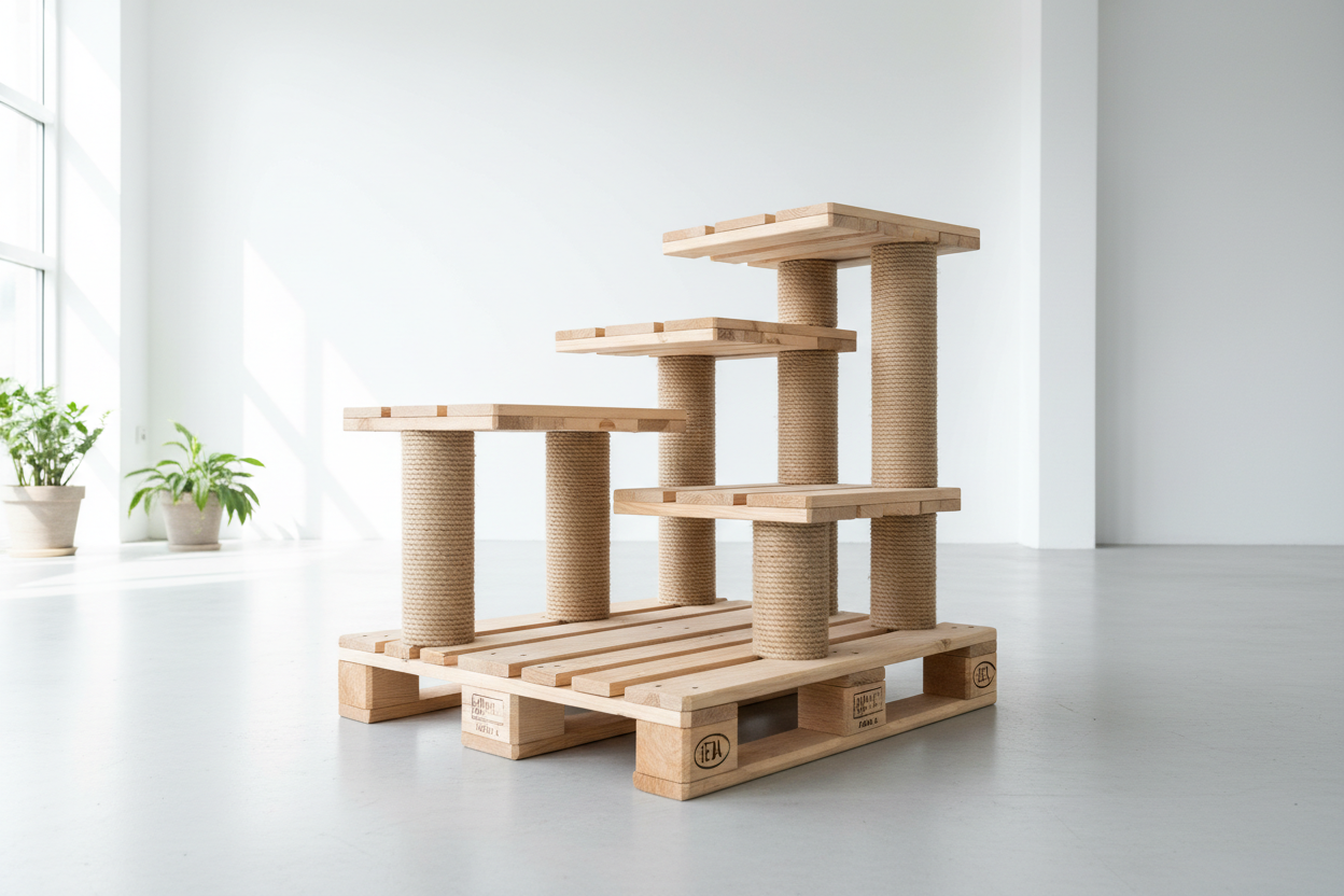 Kratzbaum aus recycelten Europaletten mit Sisalseil und Liegeflächen