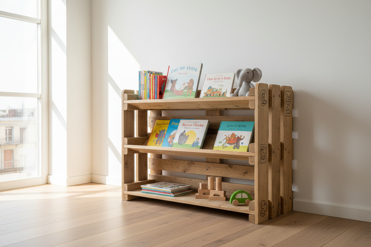 Kinderregal / Bücherregal aus recycelten Europaletten mit Büchern