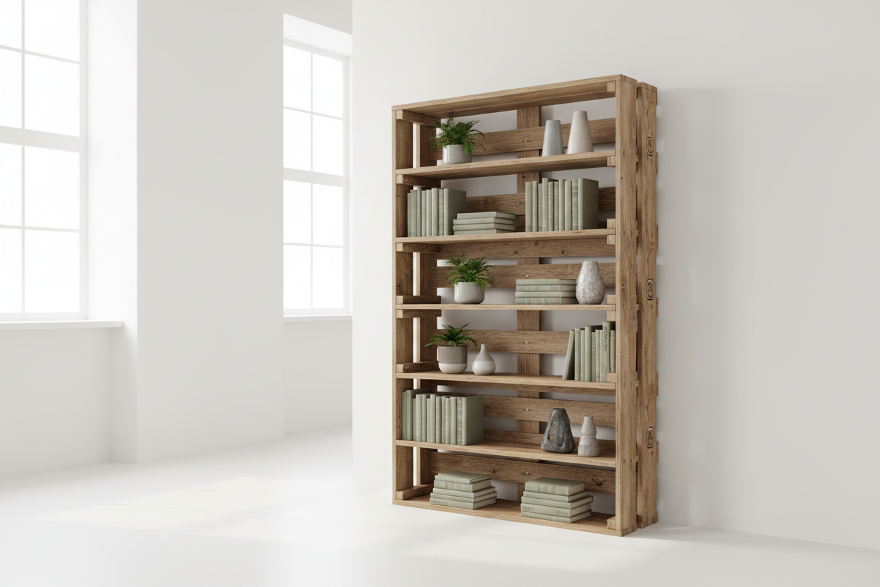 Großes Standregal / Bücherregal aus recycelten Europaletten mit Büchern