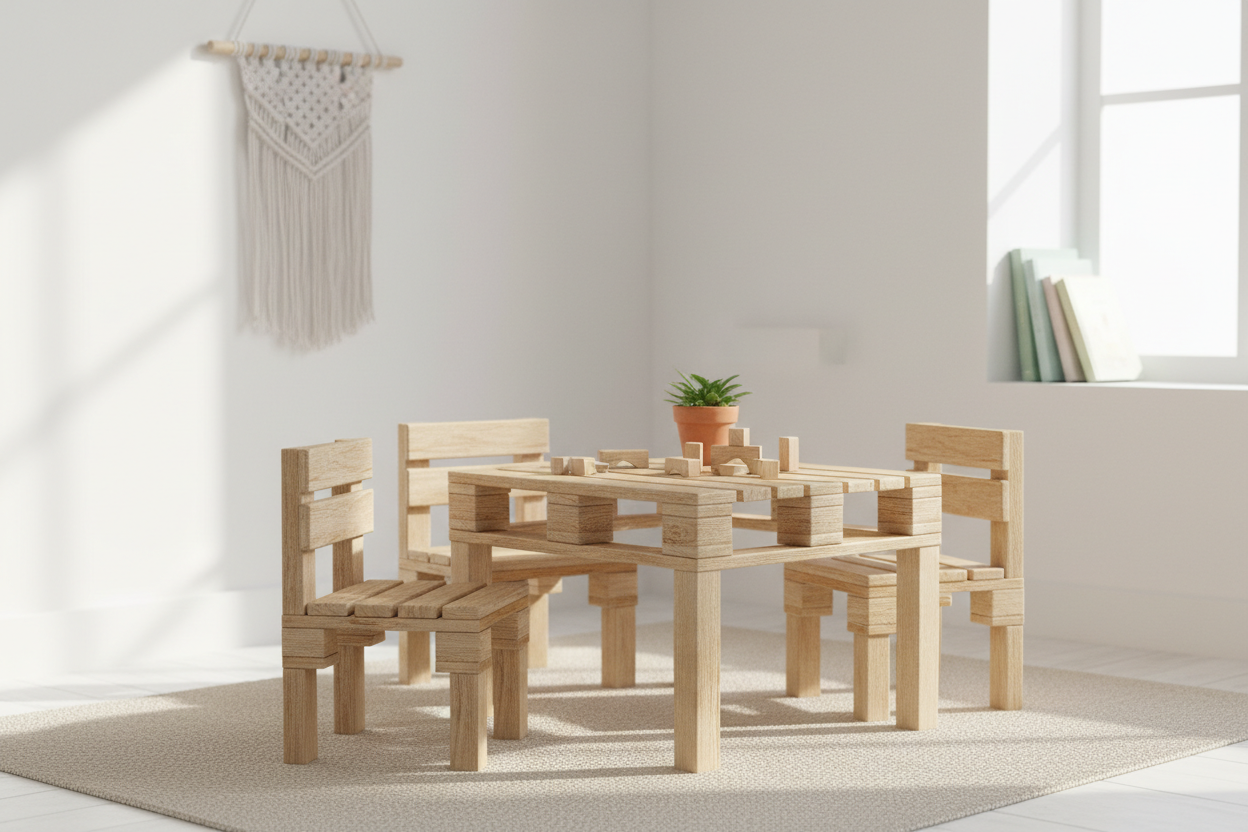 Kindertisch mit Stühlen aus recycelten Europaletten