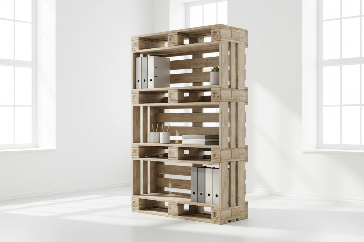 Büroregal / Aktenregal aus recycelten Europaletten mit Ordnern