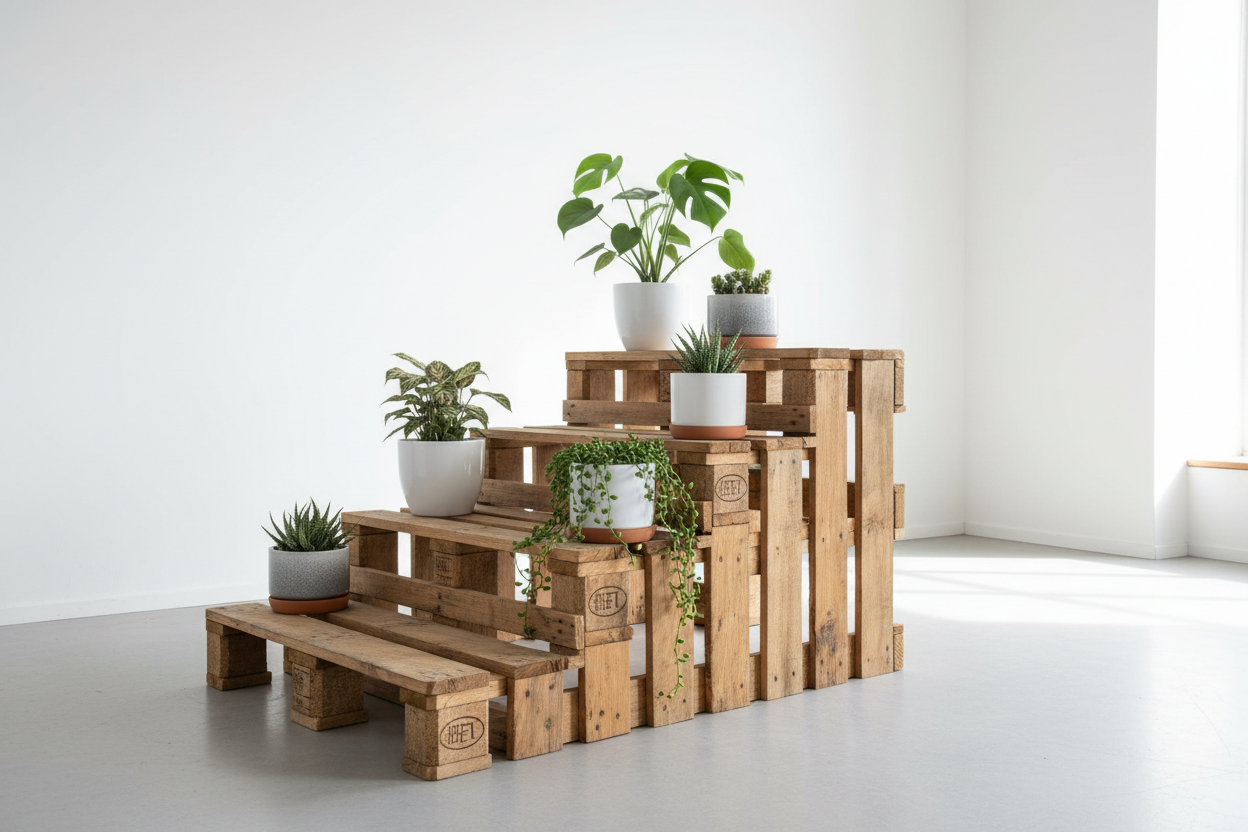 Pflanzenregal / Blumentreppe aus recycelten Europaletten mit Pflanzen