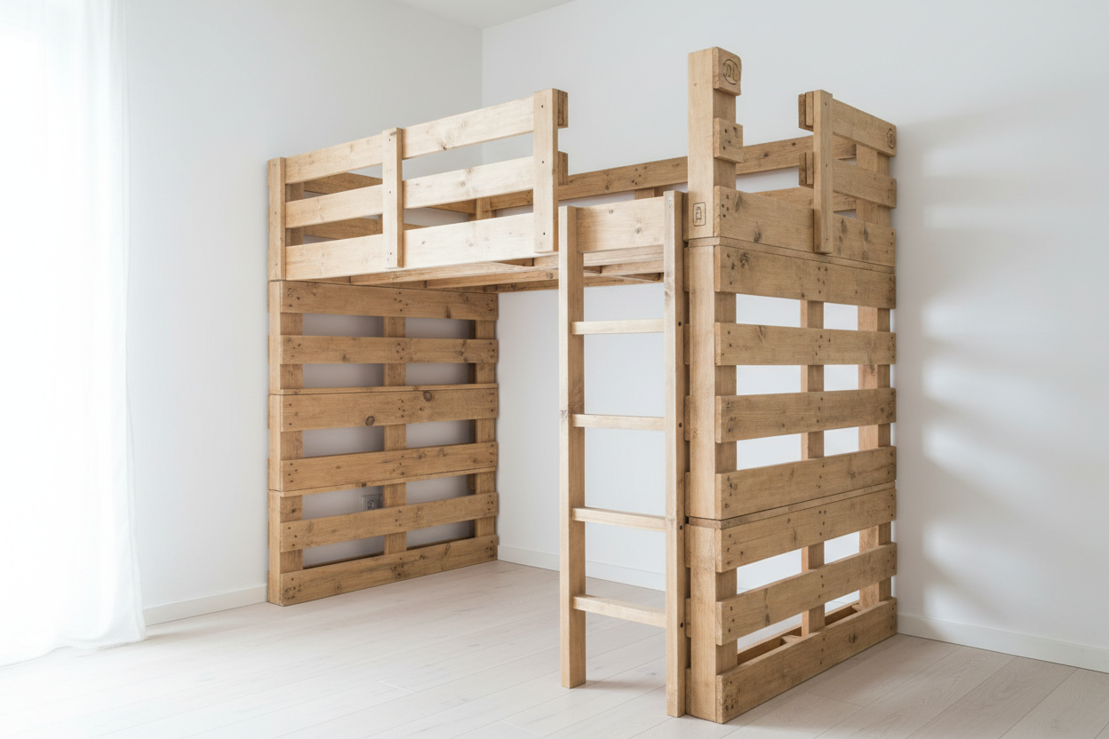 Hochbett für Kinder aus recycelten Europaletten mit Leiter