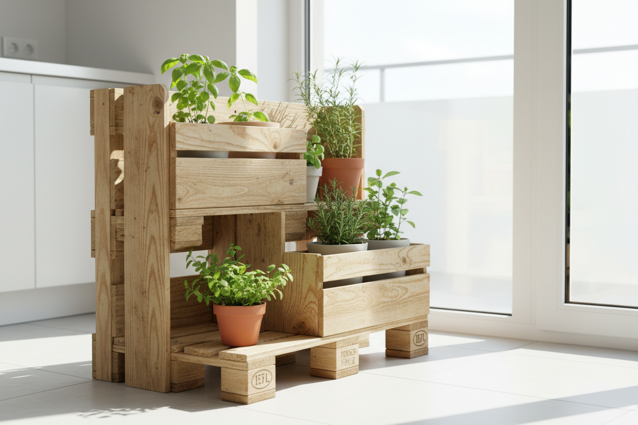 Kräuterregal aus recycelten Europaletten mit Kräutertöpfen