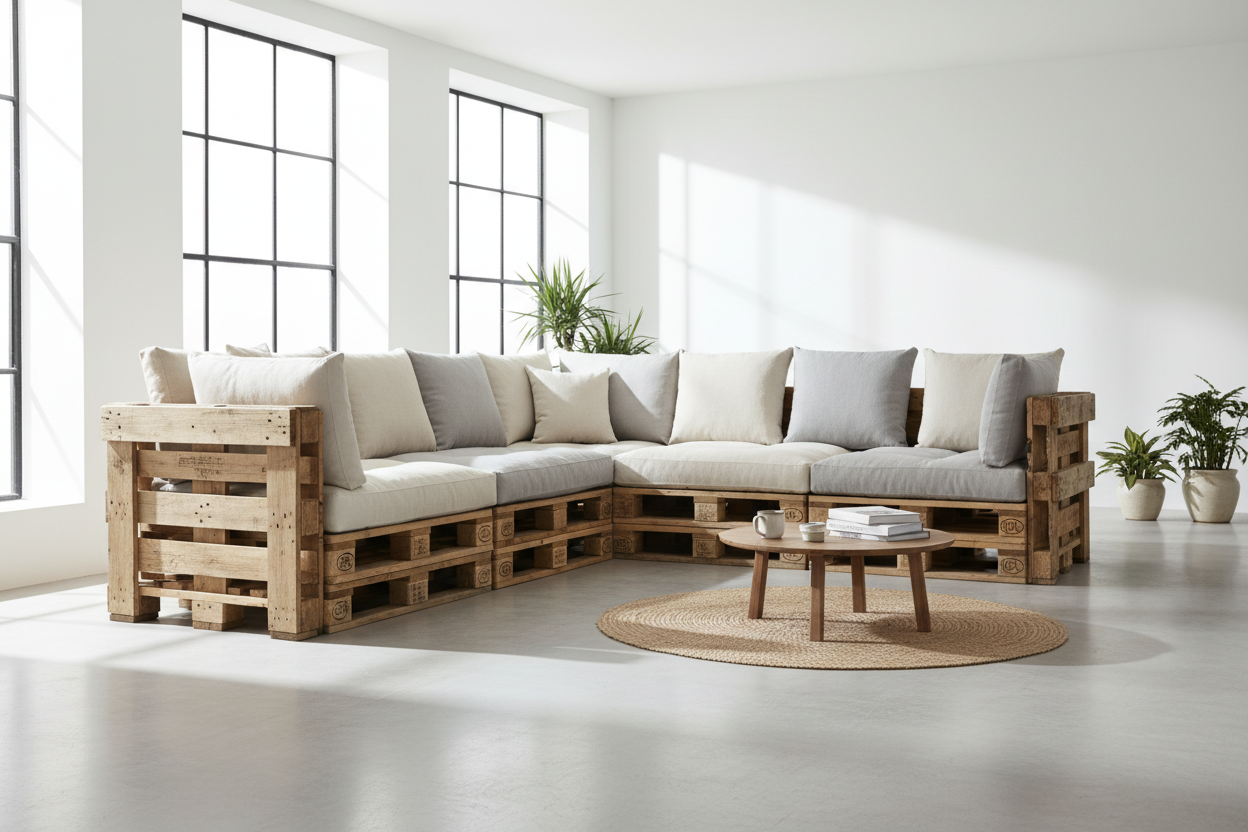 Palettensofa Ecksofa L-Form aus recycelten Europaletten - Platz für 4-5 Personen